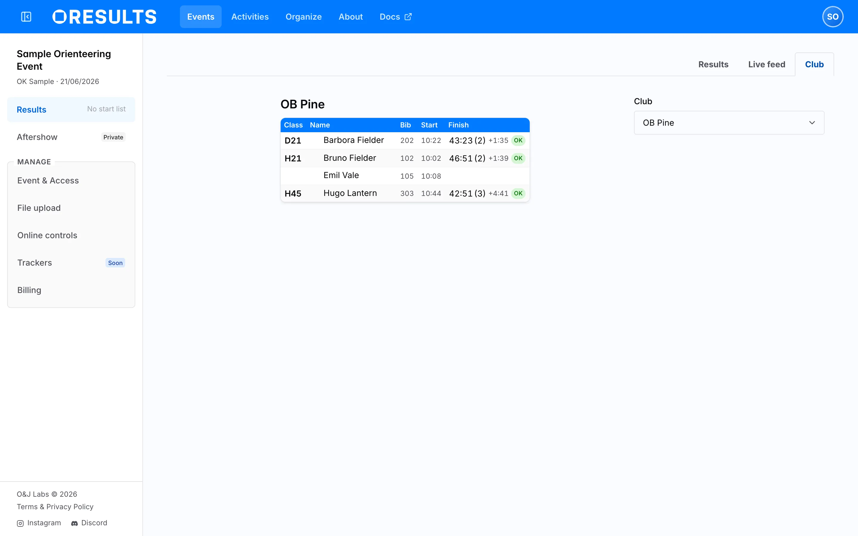 One club’s runners, grouped by class, on the Club tab