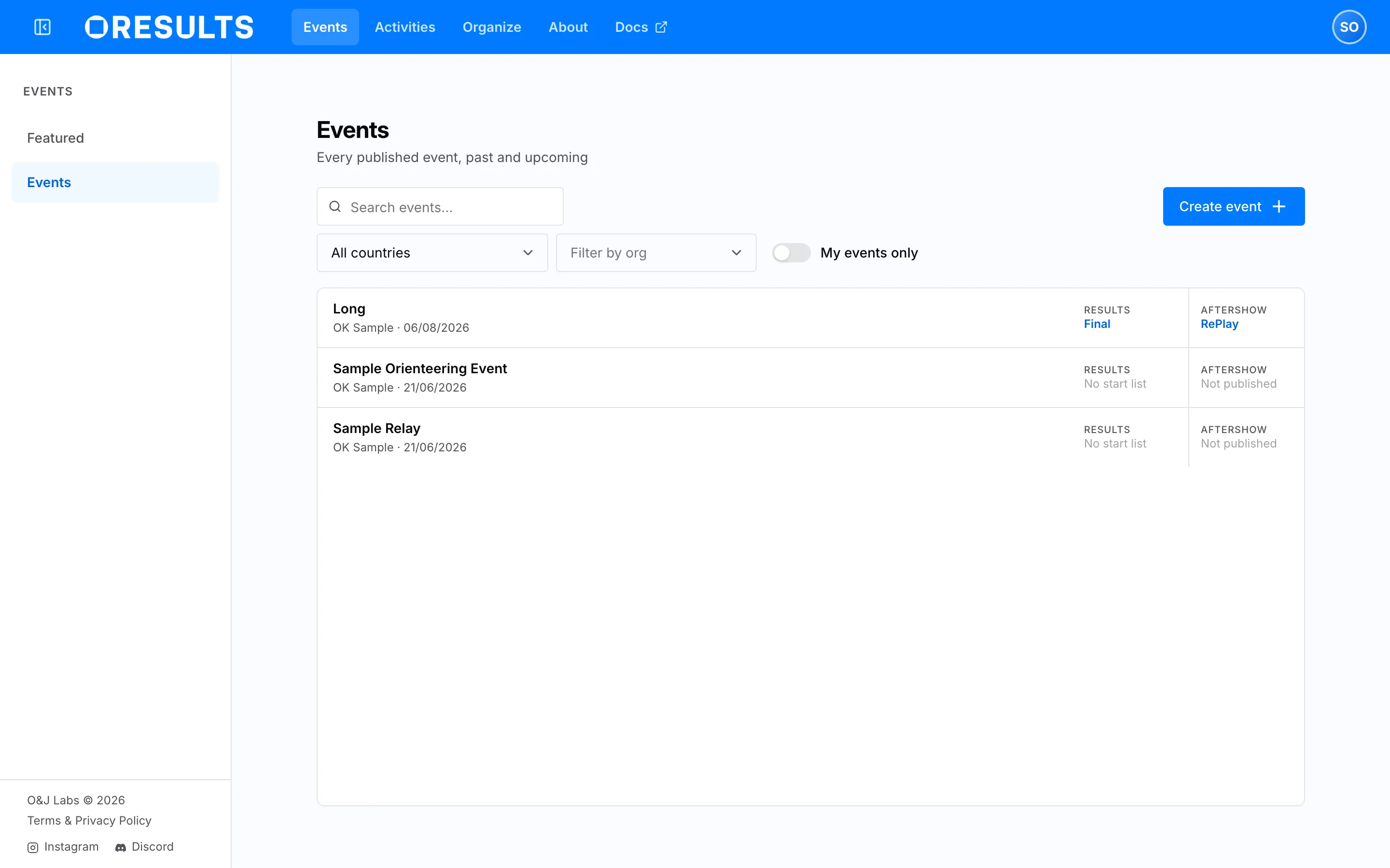 The OResults event list with its search, filters and event rows