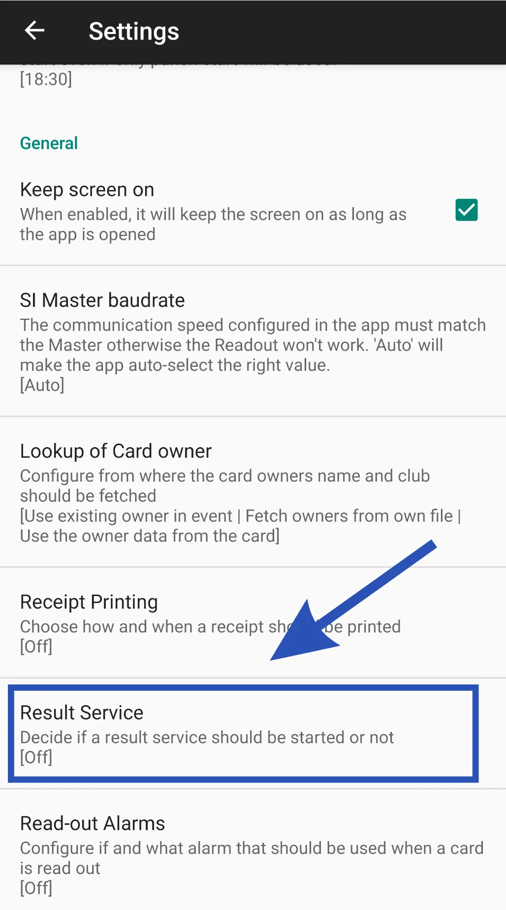 SI-Droid Event: result service settings